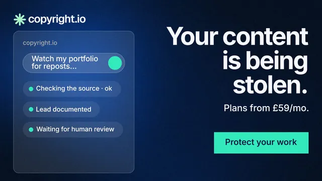 Landscape graphic for copyright.io: "Your content is being stolen." Swiss style, right layout, dark palette in blue, black, teal.