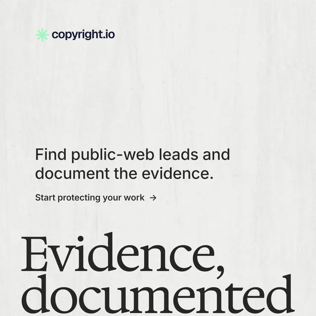 Instagram post for copyright.io: "See the plan first." Minimal luxury style, oversized layout, light palette in white, grey.