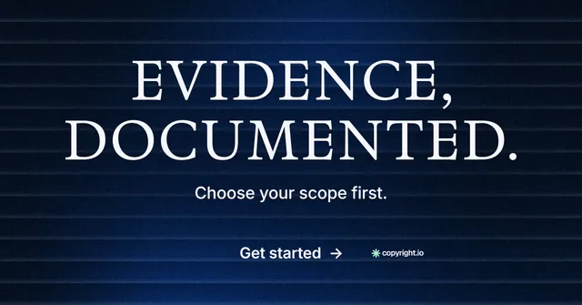 Social ad for copyright.io: "Evidence, documented." Minimal luxury style, centred layout, dark palette in blue, black.