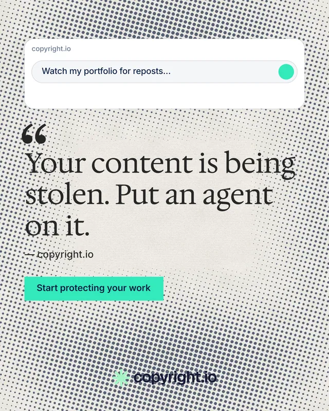 Instagram portrait post for copyright.io: "Put an agent on it." Swiss style, quote layout, light palette in grey, yellow, white.