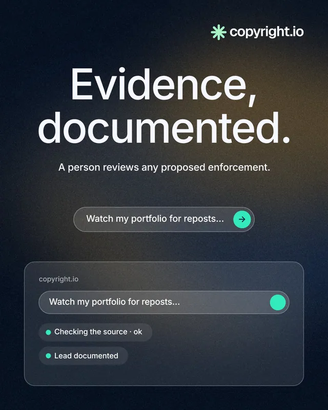 Instagram portrait post for copyright.io: "Evidence, documented." Agentic glass style, centred layout, dark palette in black, blue, grey.