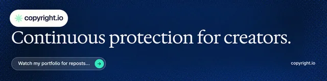 LinkedIn banner for copyright.io: "Continuous protection for creators." Agentic glass style, poster layout, dark palette in blue, grey.