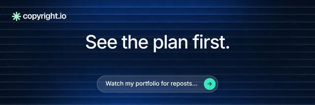 X header for copyright.io: "See the plan first." Agentic glass style, centred layout, dark palette in black, blue.