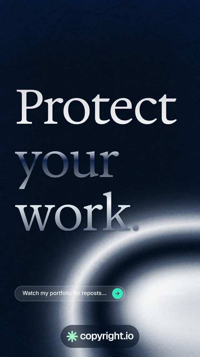 Instagram story for copyright.io: "Protect your work." Agentic glass style, poster layout, dark palette in black, blue, grey.