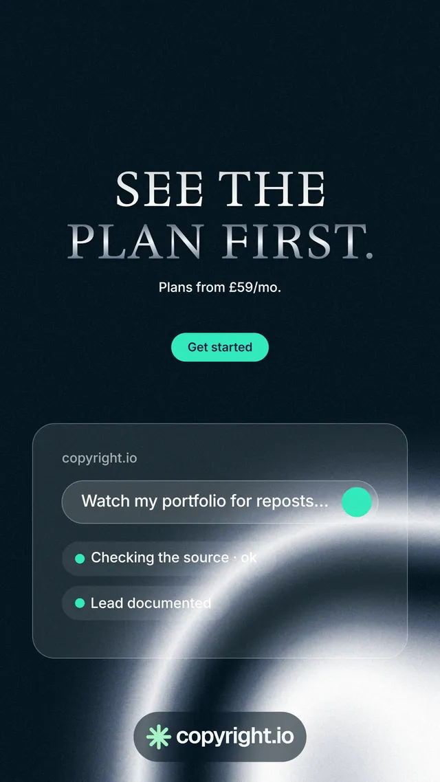 Instagram story for copyright.io: "See the plan first." Y2K style, centred layout, dark palette in black, blue, grey.