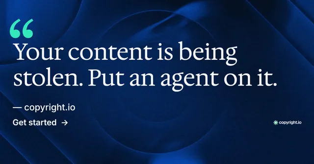 Social ad for copyright.io: "Continuous protection for creators." Minimal luxury style, quote layout, dark palette in blue, black.