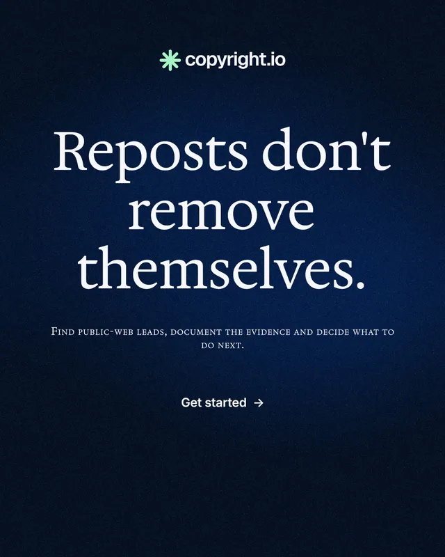Instagram portrait post for copyright.io: "Reposts don't remove themselves." Minimal luxury style, smallcaps layout, dark palette in black, blue.