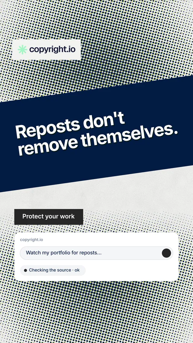 Instagram story for copyright.io: "Reposts don't remove themselves." Swiss style, diagonal layout, light palette in grey, blue, white.