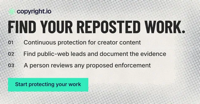 Social ad for copyright.io: "Find your reposted work." Retro print style, numbered layout, light palette in white, orange, grey.