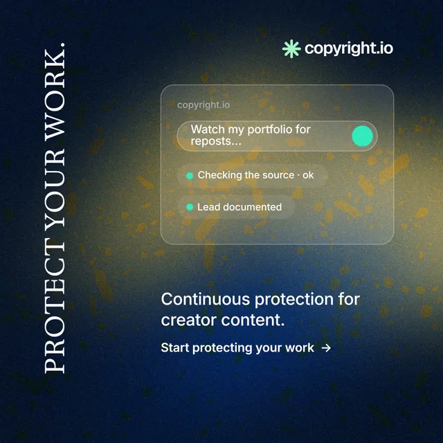 Instagram post for copyright.io: "Protect your work." Minimal luxury style, vertical layout, dark palette in black, grey, blue.