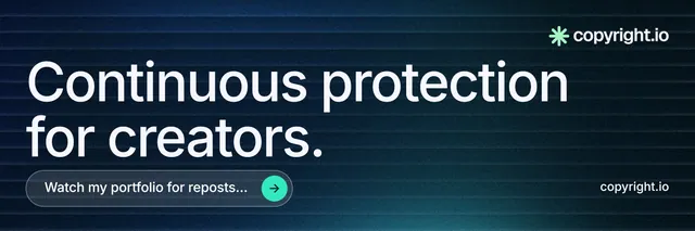 X header for copyright.io: "Continuous protection for creators." Agentic glass style, poster layout, dark palette in black, blue, grey.