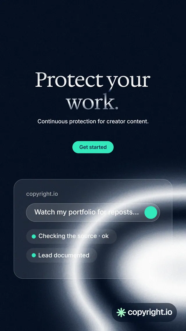 Instagram story for copyright.io: "Protect your work." Y2K style, centred layout, dark palette in black, blue, grey.