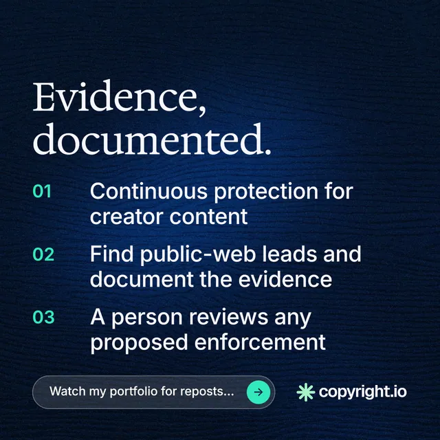 Instagram post for copyright.io: "Evidence, documented." Agentic glass style, numbered layout, dark palette in blue, black.