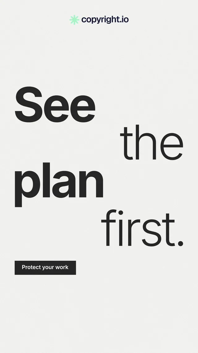 Instagram story for copyright.io: "See the plan first." Swiss style, stacked layout, light palette in white, grey.
