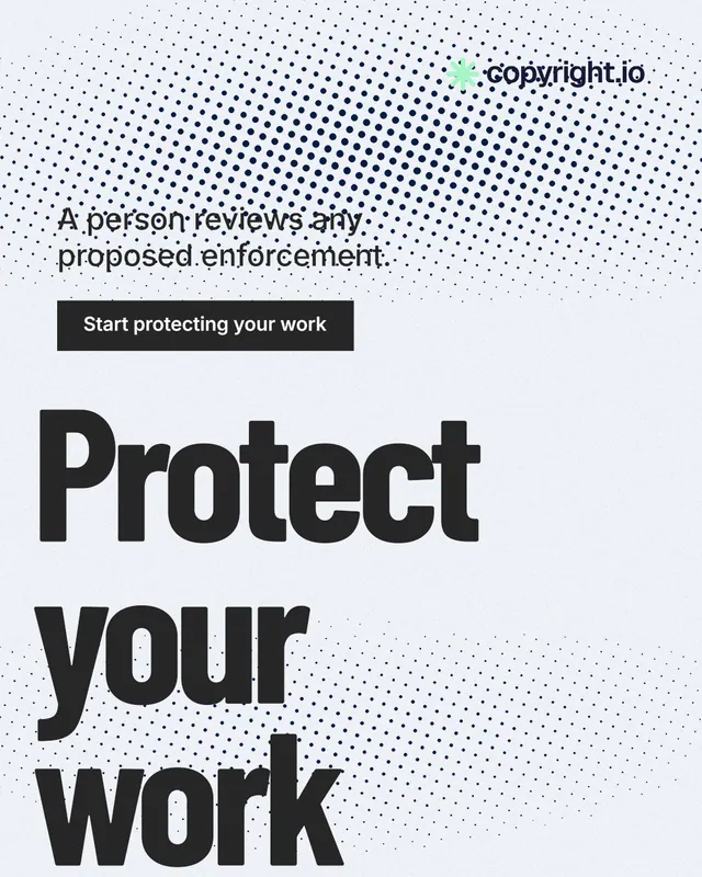 Instagram portrait post for copyright.io: "Continuous protection for creators." Retro print style, oversized layout, light palette in white, blue, grey.
