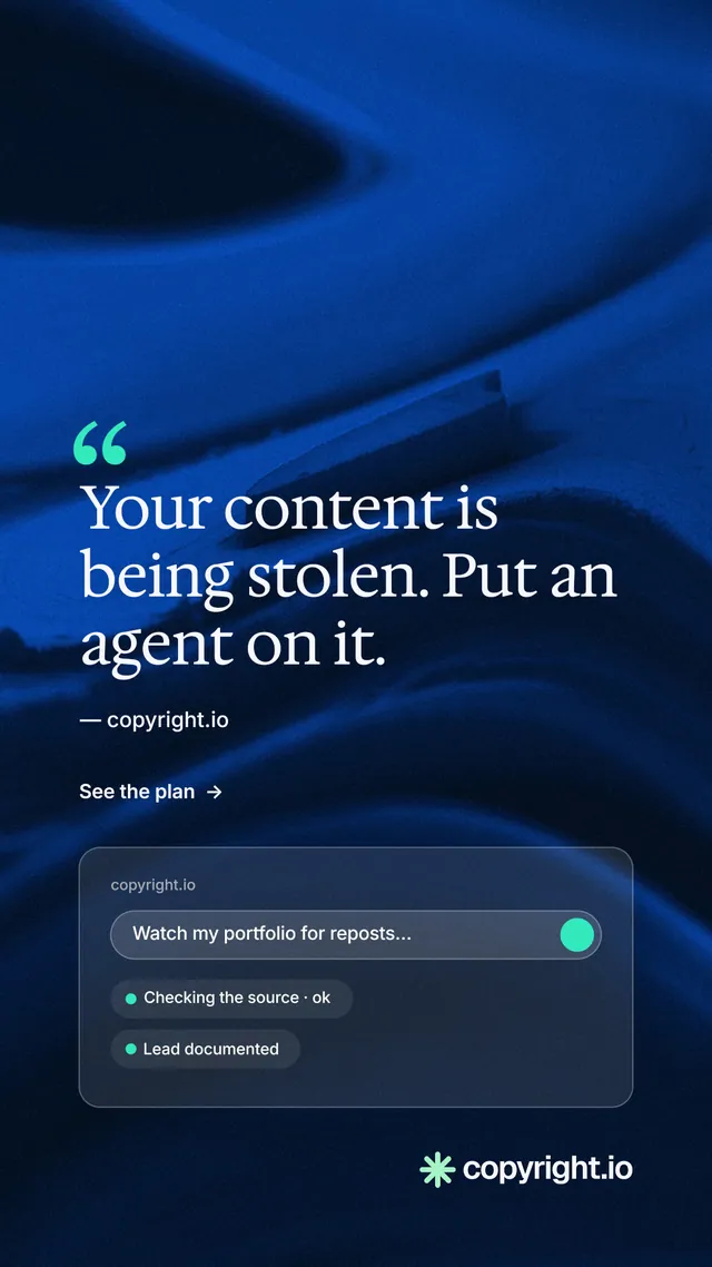 Instagram story for copyright.io: "Find your reposted work." Minimal luxury style, quote layout, dark palette in blue, black.
