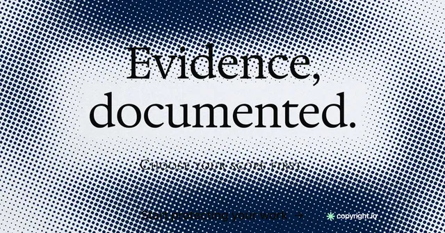Social ad for copyright.io: "Evidence, documented." Split block style, smallcaps layout, light palette in grey, blue, white.