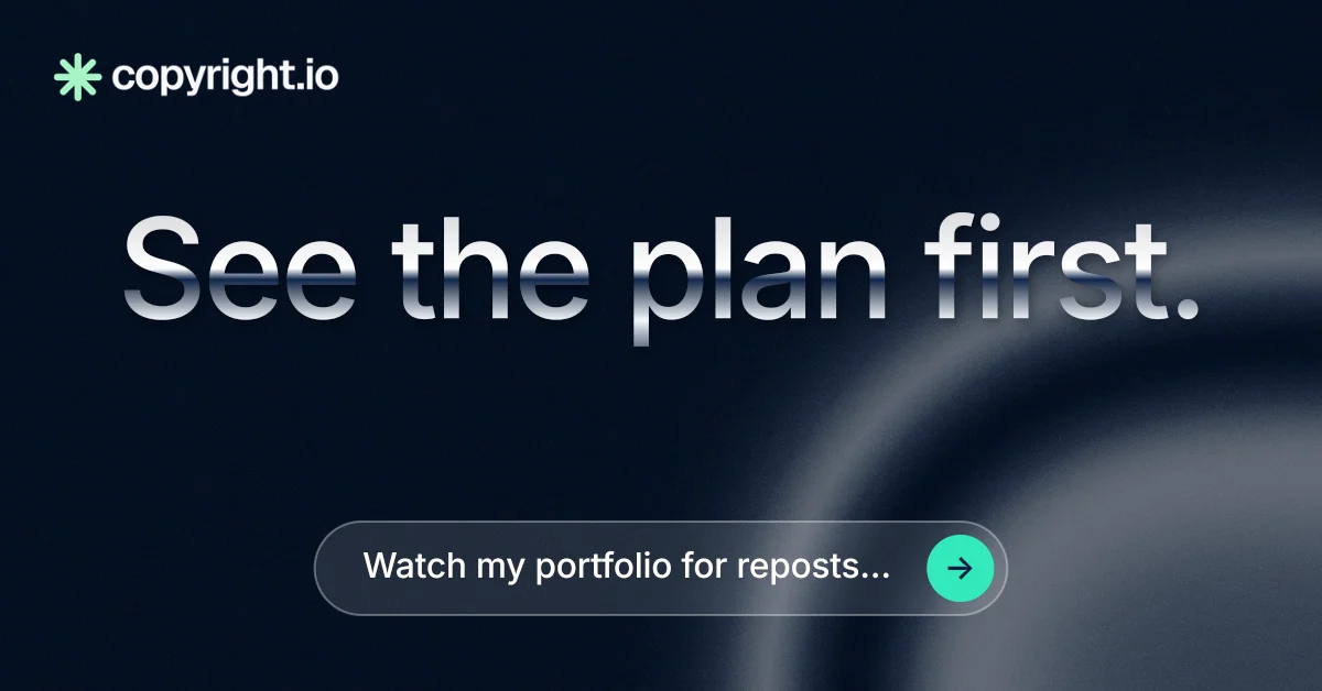 Social ad for copyright.io: "See the plan first." Agentic glass style, centred layout, dark palette in black, grey.