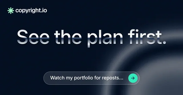 Social ad for copyright.io: "See the plan first." Agentic glass style, centred layout, dark palette in black, grey.