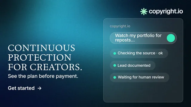 Landscape graphic for copyright.io: "Continuous protection for creators." Minimal luxury style, bottom layout, dark palette in blue, black, teal.