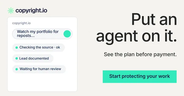 Social ad for copyright.io: "Put an agent on it." Swiss style, right layout, light palette in white, teal.