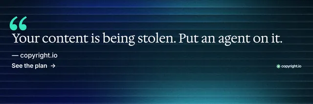 X header for copyright.io: "Your content is being stolen." Minimal luxury style, quote layout, dark palette in blue, black.