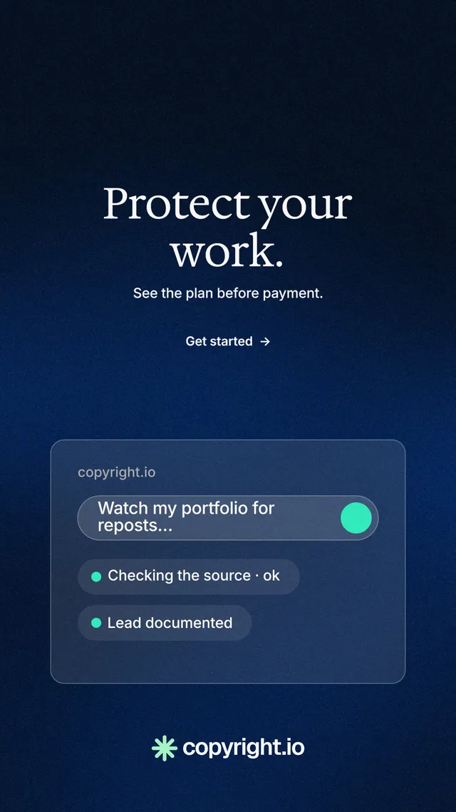 Instagram story for copyright.io: "Protect your work." Minimal luxury style, centred layout, dark palette in black, blue.