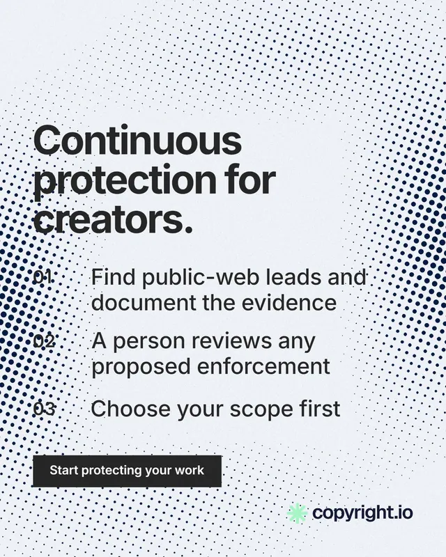 Instagram portrait post for copyright.io: "Continuous protection for creators." Swiss style, numbered layout, light palette in blue, white, grey.