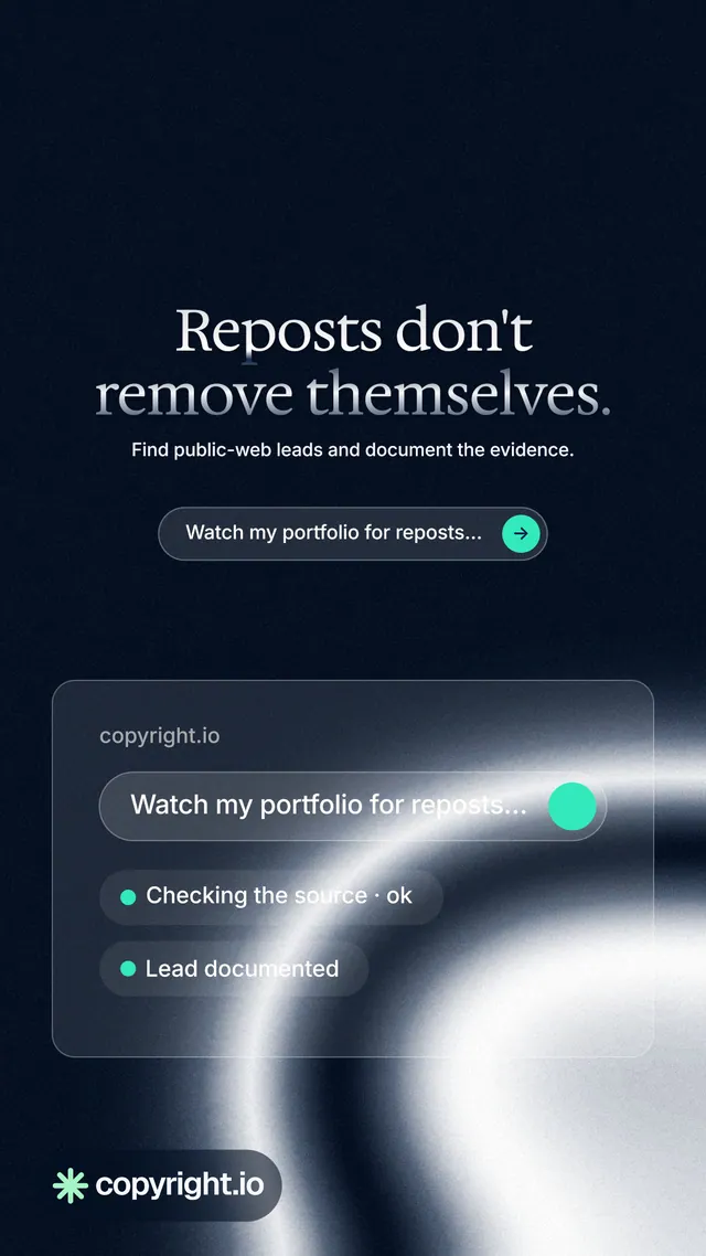 Instagram story for copyright.io: "Reposts don't remove themselves." Agentic glass style, centred layout, dark palette in black, blue, grey.