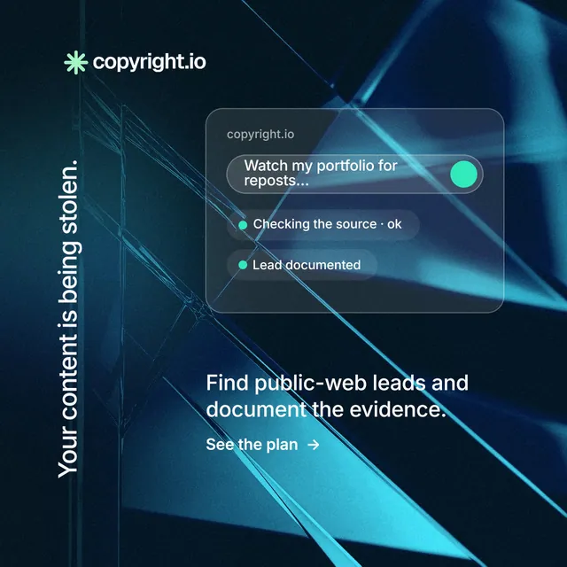 Instagram post for copyright.io: "Your content is being stolen." Minimal luxury style, vertical layout, dark palette in blue, black.