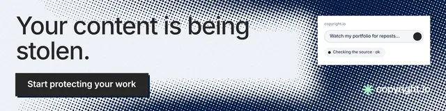 LinkedIn banner for copyright.io: "Your content is being stolen." Brutalist style, skeleton layout, light palette in white, blue, grey.