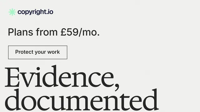 Landscape graphic for copyright.io: "Put an agent on it." Editorial style, oversized layout, light palette in white, grey.
