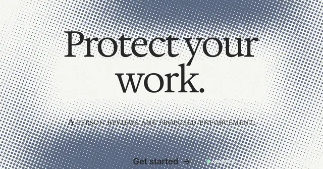 Social ad for copyright.io: "Protect your work." Swiss style, smallcaps layout, light palette in grey, white.