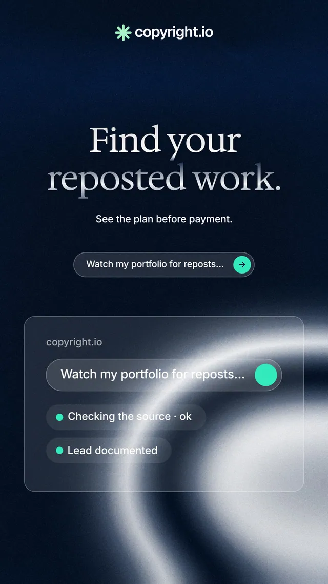 Instagram story for copyright.io: "Find your reposted work." Agentic glass style, centred layout, dark palette in black, blue, grey.