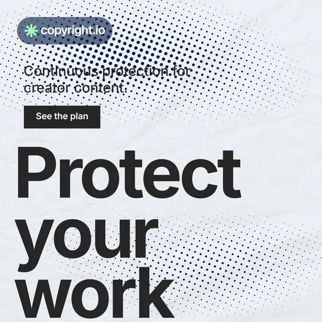Instagram post for copyright.io: "Protect your work." Swiss style, oversized layout, light palette in blue, white, grey.