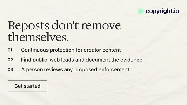 Landscape graphic for copyright.io: "Reposts don't remove themselves." Editorial style, numbered layout, light palette in white, grey.