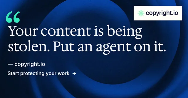 Social ad for copyright.io: "Reposts don't remove themselves." Minimal luxury style, quote layout, dark palette in blue, black, grey.