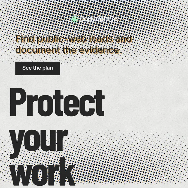 Instagram post for copyright.io: "See the plan first." Retro print style, oversized layout, light palette in grey, white.