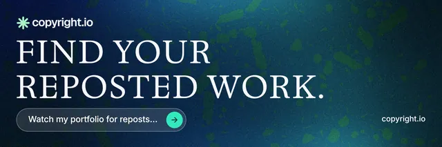 X header for copyright.io: "Find your reposted work." Agentic glass style, poster layout, dark palette in blue, black.