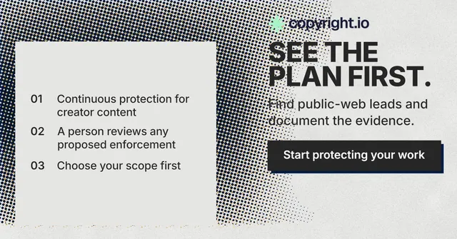 Social ad for copyright.io: "See the plan first." Brutalist style, skeleton layout, light palette in white, grey.