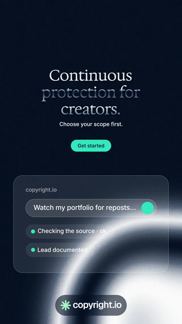 Instagram story for copyright.io: "Continuous protection for creators." Y2K style, centred layout, dark palette in black, blue, grey.