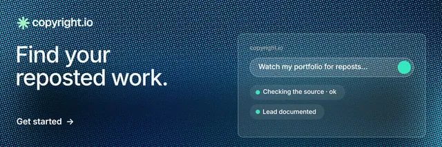 X header for copyright.io: "Find your reposted work." Minimal luxury style, bottom layout, dark palette in blue.