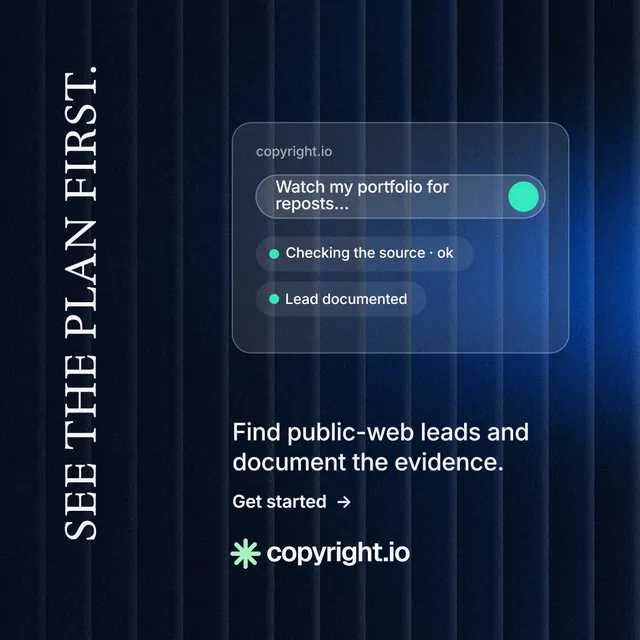 Instagram post for copyright.io: "See the plan first." Minimal luxury style, vertical layout, dark palette in black, blue.