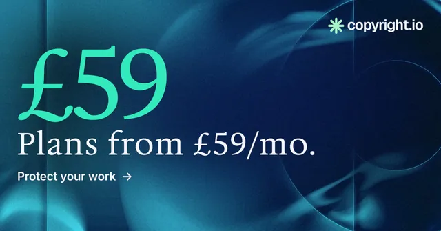 Social ad for copyright.io: "Protect your work." Minimal luxury style, stat layout, dark palette in blue, teal.