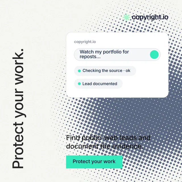 Instagram post for copyright.io: "Protect your work." Swiss style, vertical layout, light palette in white, grey, teal.