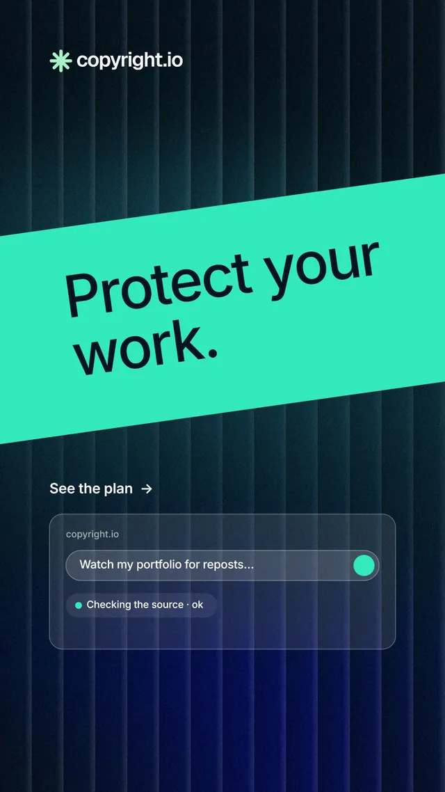 Instagram story for copyright.io: "Protect your work." Minimal luxury style, diagonal layout, dark palette in teal, black, blue.
