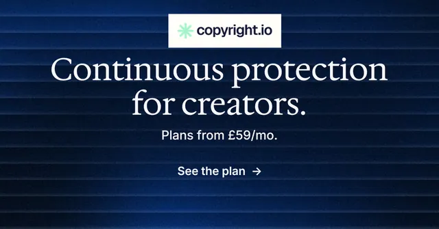Social ad for copyright.io: "Continuous protection for creators." Minimal luxury style, centred layout, dark palette in blue, black.