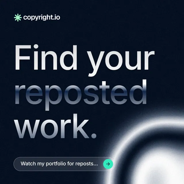 Instagram post for copyright.io: "Find your reposted work." Agentic glass style, poster layout, dark palette in black, blue, grey.