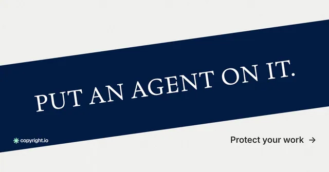 Social ad for copyright.io: "Put an agent on it." Minimal luxury style, diagonal layout, light palette in white, blue.