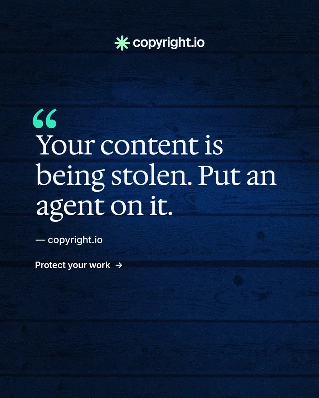 Instagram portrait post for copyright.io: "Find your reposted work." Minimal luxury style, quote layout, dark palette in blue, black.